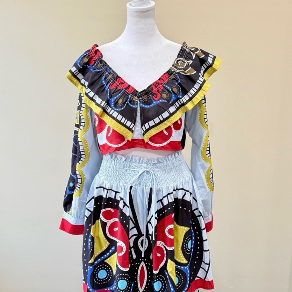 Boho Off Shoulder Crop Top High Waist Maxi Skirt Set Tribal Festival Small NWT